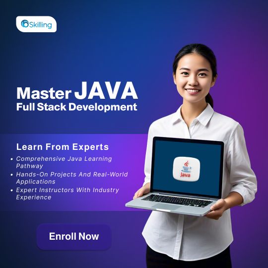 BSkilling square post: Master Java Full Stack Development, with a presenter holding a laptop