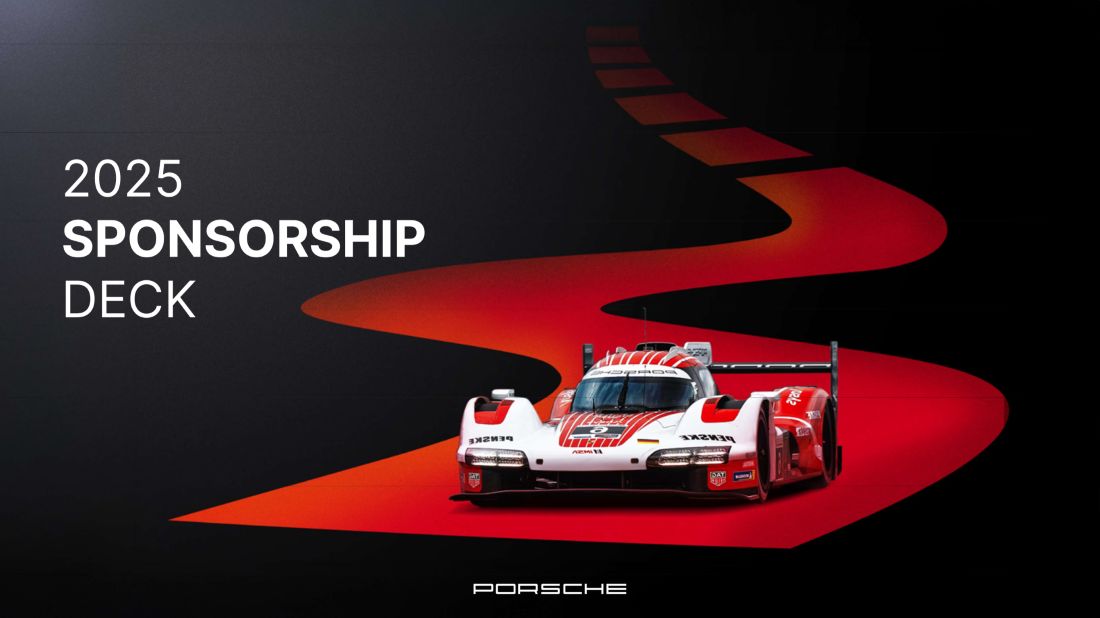 2025 Sponsorship Deck cover: a white Porsche race car on a sweeping red ribbon against black