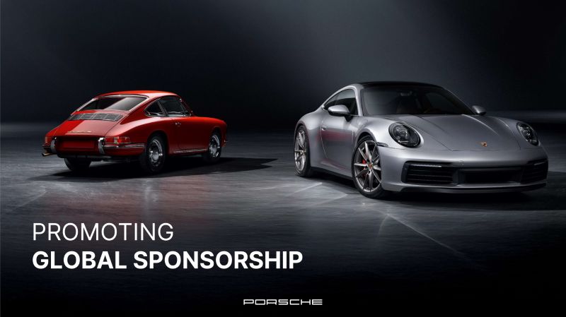 Slide: Promoting global sponsorship, a classic red 911 beside a modern silver 911
