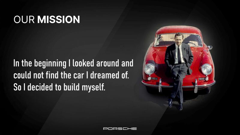 Slide: Our mission, a founder quote beside a vintage red car