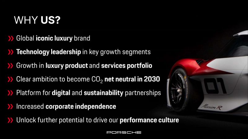 Slide: Why us?, a list of six reasons beside a race car
