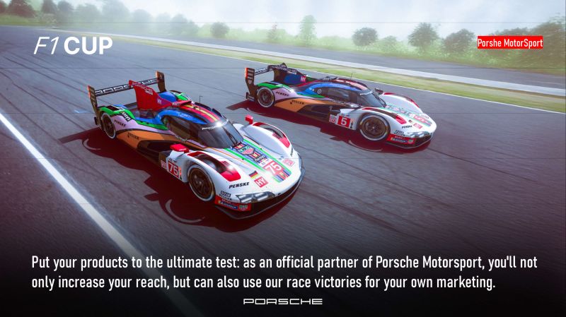 Slide: two prototype race cars on track, with partnership copy