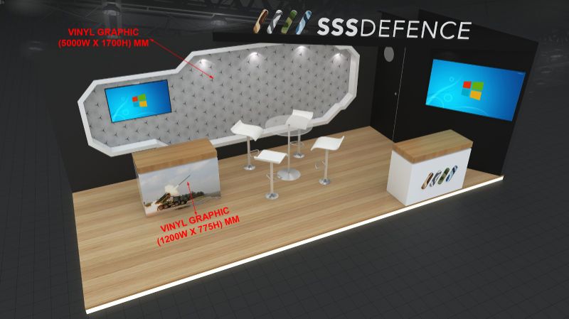 Top-down render of the Aedex stall annotated with vinyl graphic sizes of 5000 by 1700 and 1200 by 775 millimetres