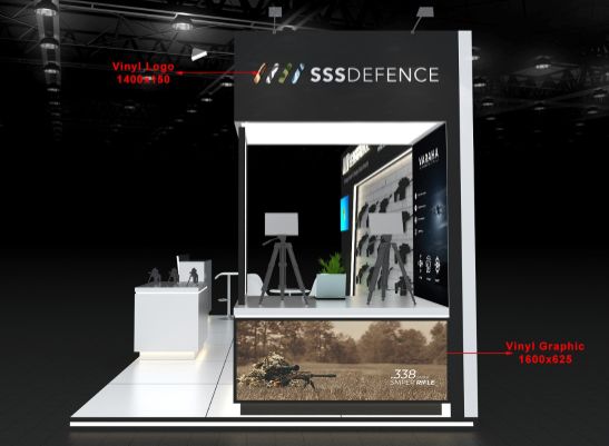 Front elevation render of the Milipol stall with a .338 Saber sniper rifle graphic on the lower panel and a Varaha display inside
