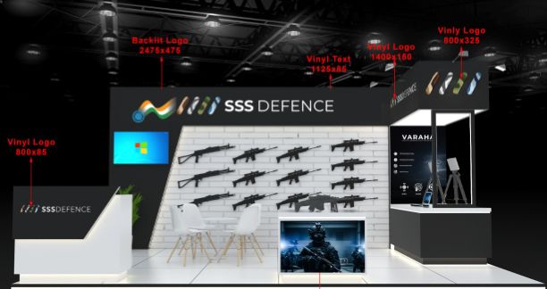 Milipol stall render with red callouts dimensioning each logo and vinyl graphic, from a 2475 by 475 backlit logo to an 800 by 85 vinyl
