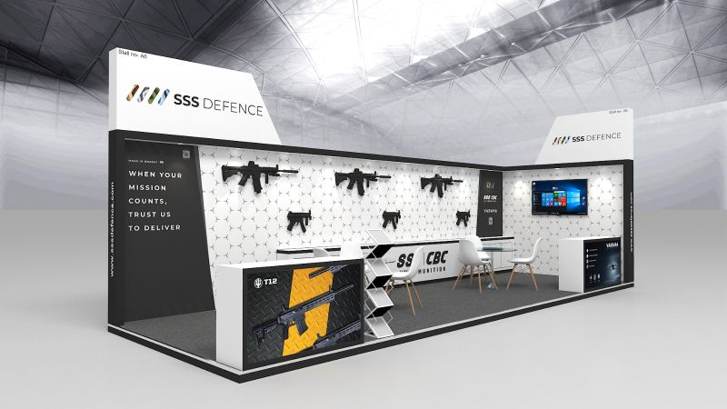 Angled view of the NTS 2026 stall render showing the side return and the SSS and CBC ammunition counter