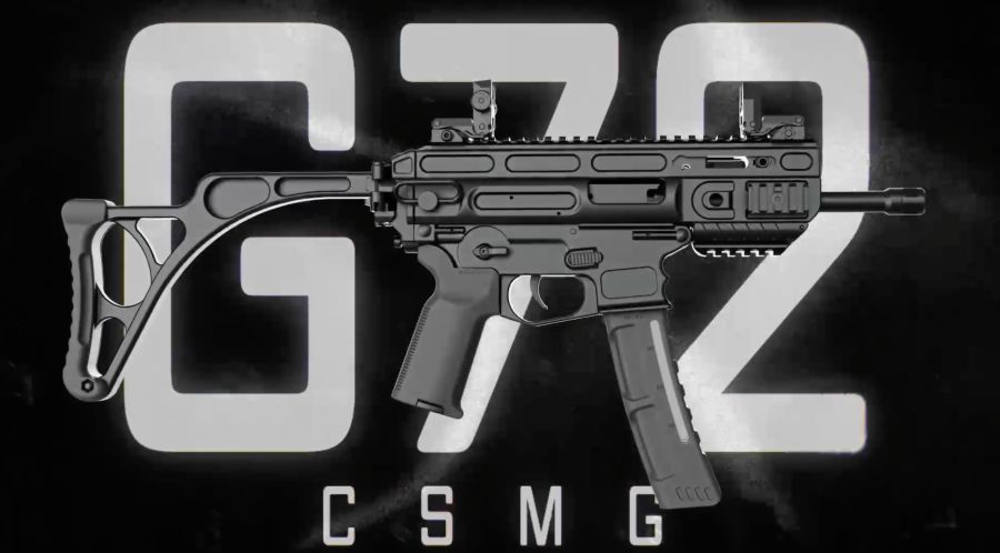 3D render of the G72 CSMG compact submachine gun with a folding stock, in front of huge glowing G72 letters