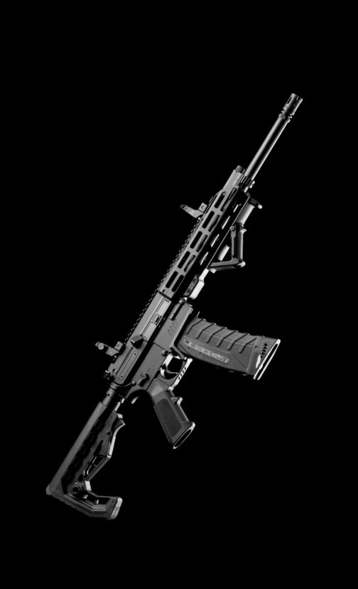 Portrait-format 3D render of a rifle with a vertical foregrip and translucent magazine, angled diagonally on black