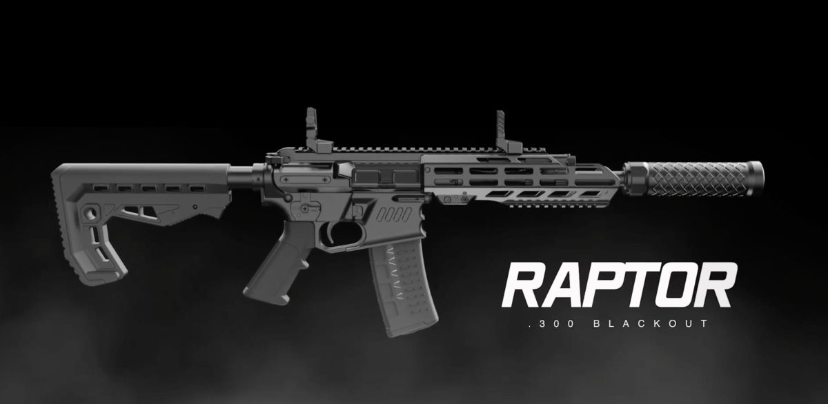 3D render of the Raptor .300 Blackout rifle with a suppressor, side-on against black smoke, with the Raptor wordmark beside it