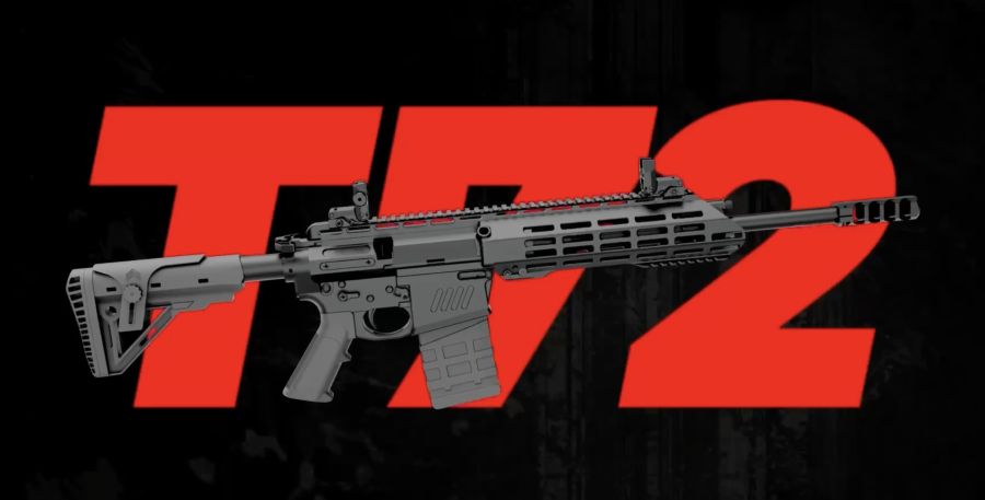 3D render of the T72 rifle with a muzzle brake over large red T72 lettering on a dark textured background