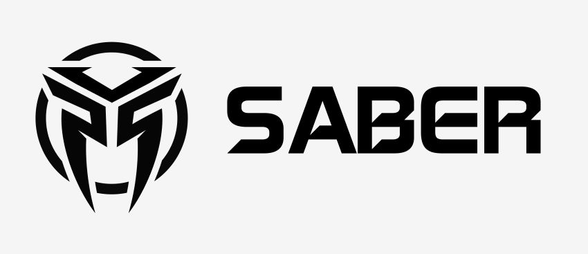 Final Saber logo: a geometric mask symbol inside a broken circle, beside a bold squared SABER wordmark