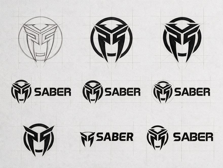 Board of Saber marks on squared paper: pencil construction, inked symbols and three horizontal lockups