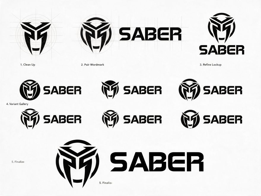 Saber refinement board in five steps: clean up, pair wordmark, refine lockup, variant gallery and finalise