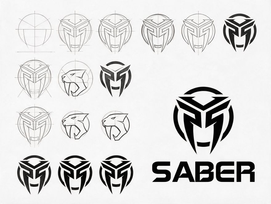 Process board: circle and grid construction, pencil iterations of the mask, sabre-tooth cat sketches, and the inked final with wordmark