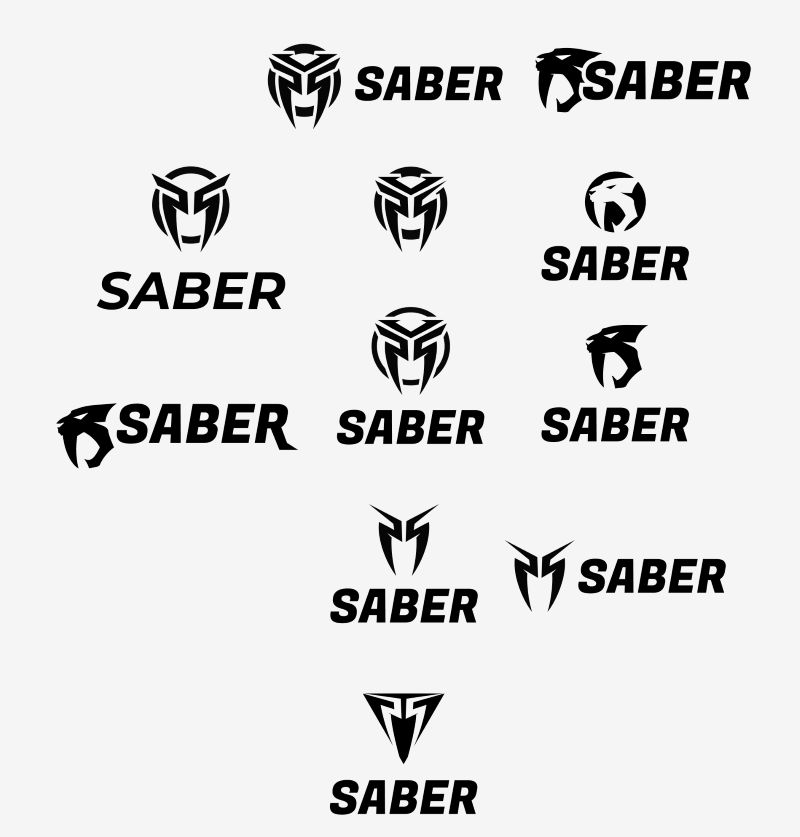 Variant sheet: Saber mask and sabre-tooth cat symbols paired with italic and upright wordmarks, stacked and horizontal