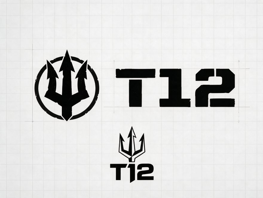 T12 artboard on a grid: the circular trident badge with a stencil T12 wordmark, and a stacked outline version below
