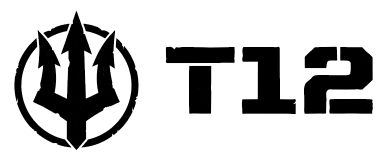Final T12 logo: a distressed trident in a ring beside a heavy stencil T12