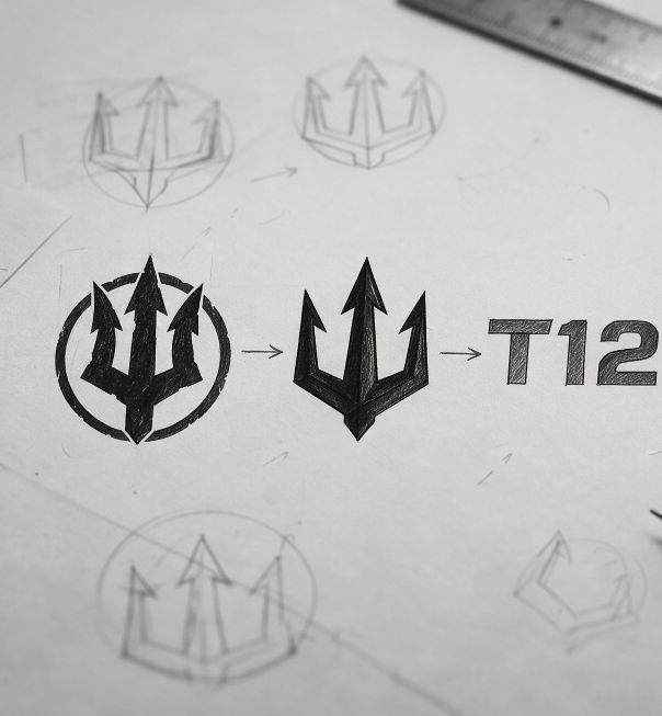 Pencil sketch sheet: trident studies inside circles, arrows leading to an inked trident and the letters T12