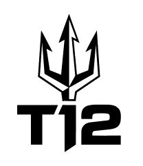 Stacked T12 mark: outlined trident above the wordmark