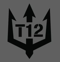 T12 set inside a solid black trident on grey