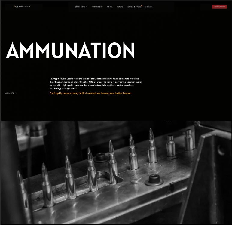 Ammunition page: headline on black above a monochrome photograph of cartridges on a production fixture