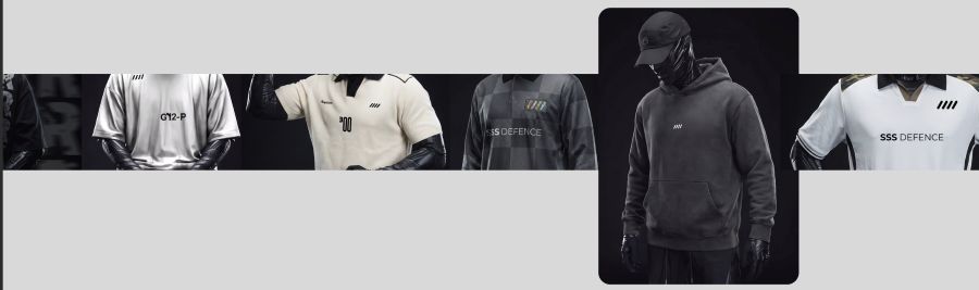 Strip of dark product shots of SSS Defence branded apparel: jerseys, a polo and a hoodie on a mannequin