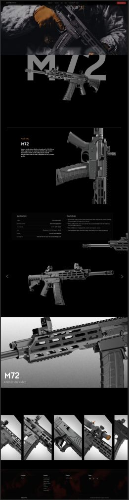 Full-length M72 rifle product page: oversized M72 type behind the rifle, specifications table, gallery and animation video
