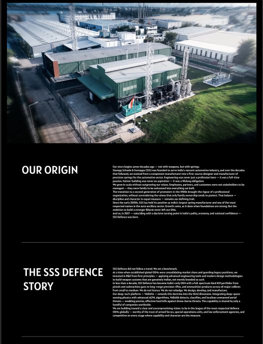 About page: aerial photograph of the factory above the Our Origin and SSS Defence Story sections