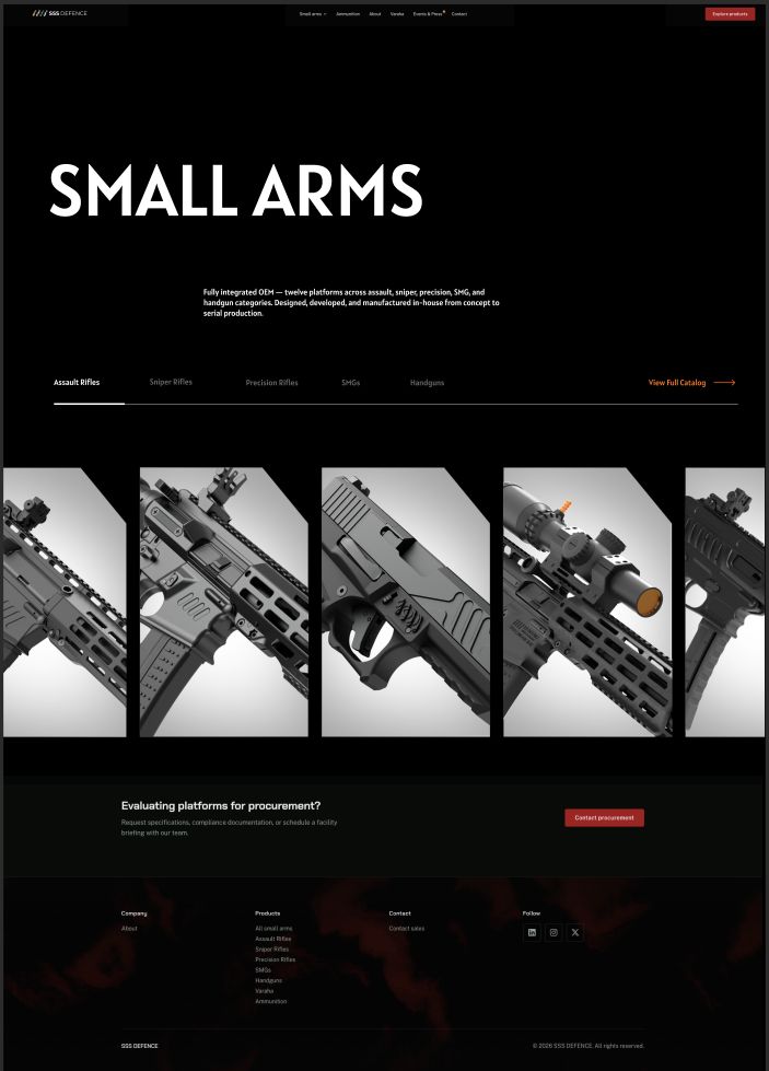 Small Arms page: large white headline on black, category tabs and angled product crops of rifles and a pistol