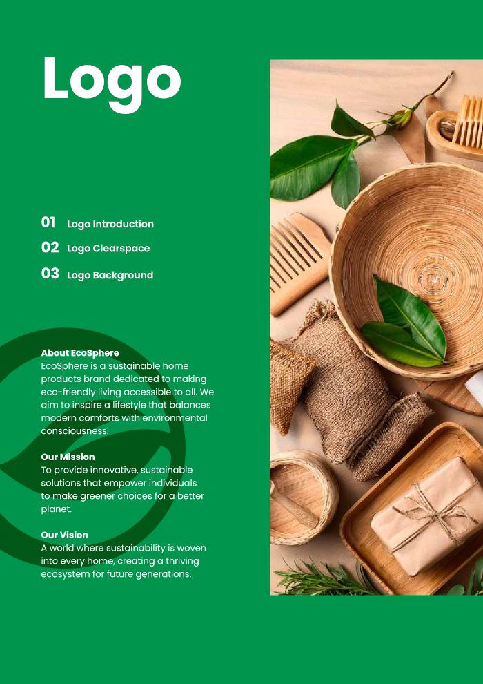 EcoSphere brand guideline divider page in green with natural home-product photography
