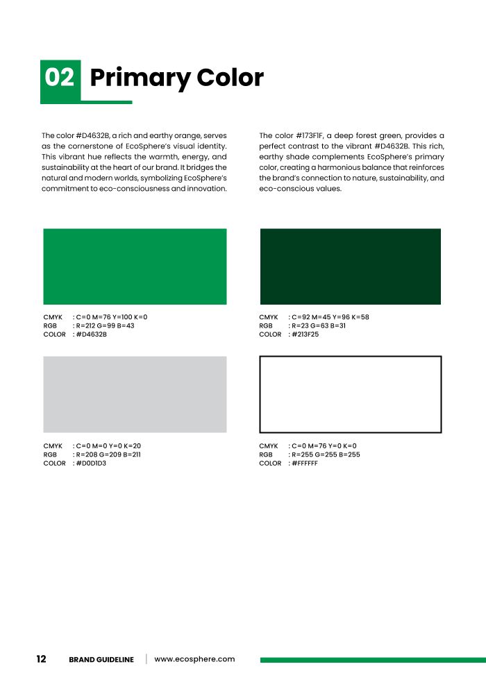 Guideline page: primary colour swatches in leaf green, forest green, grey and white