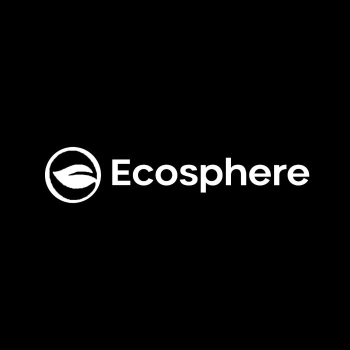 EcoSphere logo reversed in white on black: a leaf inside a circle beside the wordmark