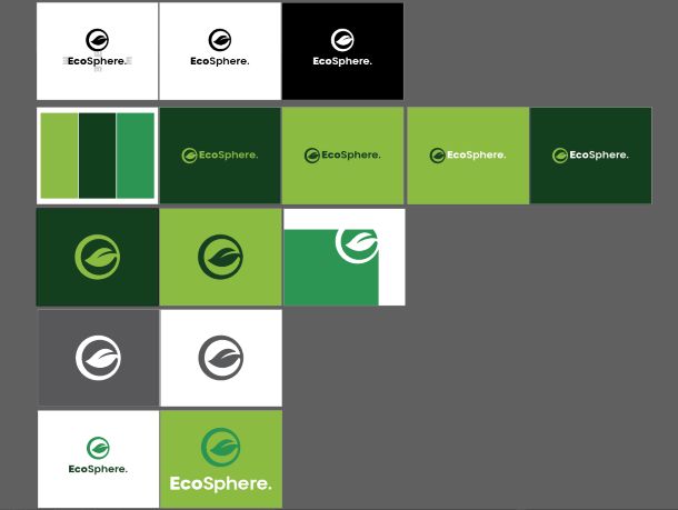 Logo board: the EcoSphere mark tested in a grid of white, black, light green and forest green tiles