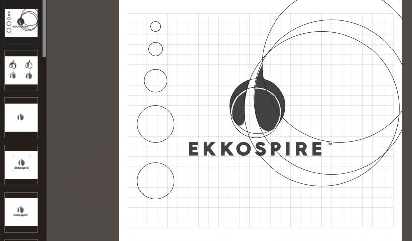 Working board: the Ekkospire wordmark and symbol over a grid with construction circles of several sizes