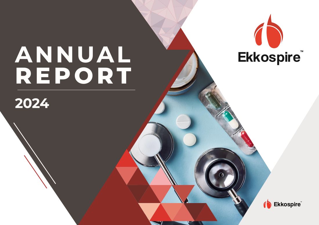 Ekkospire Annual Report 2024 cover, with red and charcoal triangular shards over medical photography