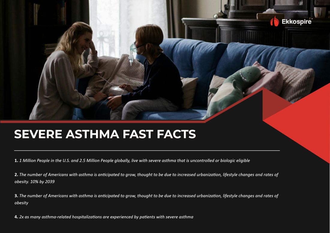 Spread: Severe asthma fast facts beneath a photograph of a parent comforting a child