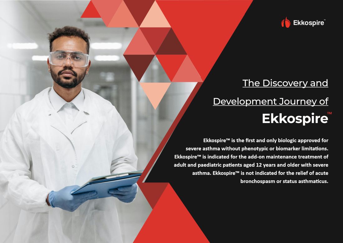 Spread: a researcher in a lab coat beside the heading The Discovery and Development Journey of Ekkospire