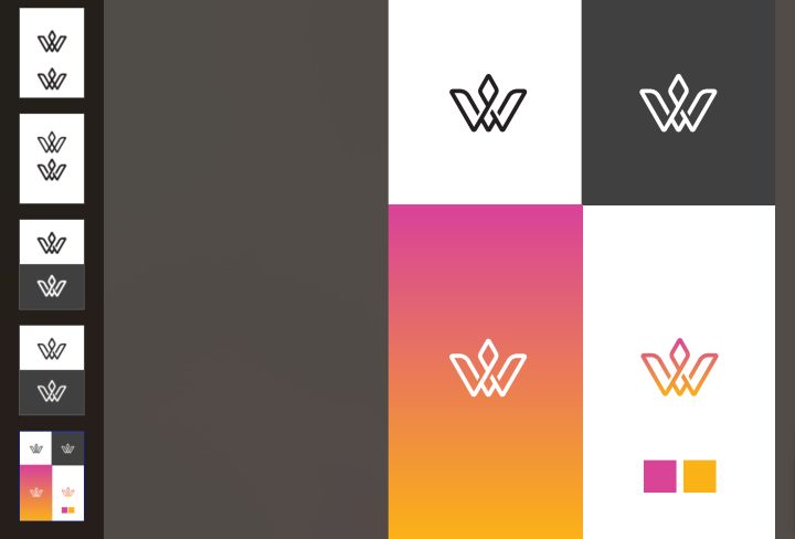 Working board in the design tool with the W symbol tested on white, dark grey, the gradient and as a small colour mark