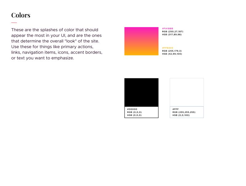 Guideline page: gradient, black and white colour swatches