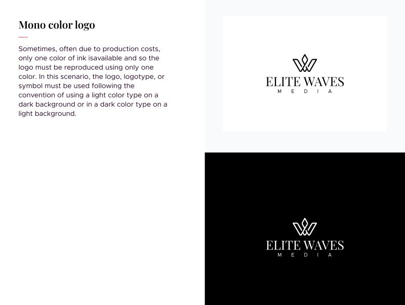Elite Wave Media guideline page showing the single-colour logo on light and dark backgrounds