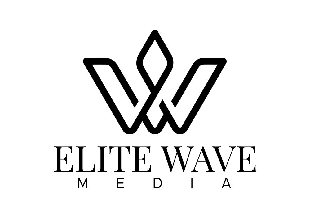 Elite Wave Media primary logo: a monoline W with a diamond at its centre, above a serif wordmark