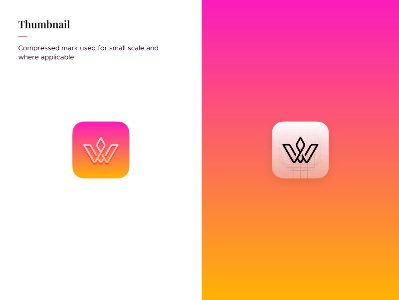 Elite Wave Media guideline page showing the app-icon version of the W mark on a magenta to orange gradient