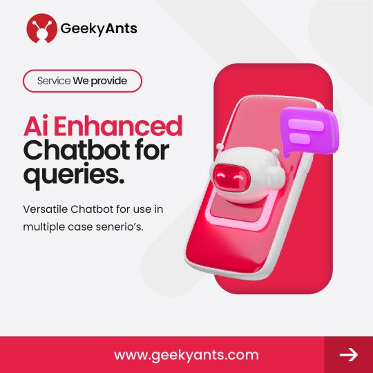GeekyAnts carousel slide: AI Enhanced Chatbot for queries, with a glossy 3D robot on a phone