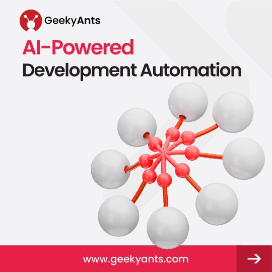 Slide 4: AI-Powered Development Automation, a network of white spheres joined by red lines