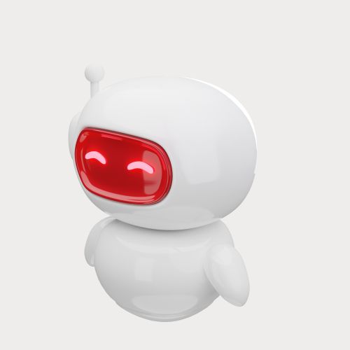 3D render: a glossy white robot with a red visor