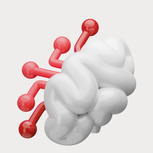 3D render: a white brain with red circuit traces and nodes