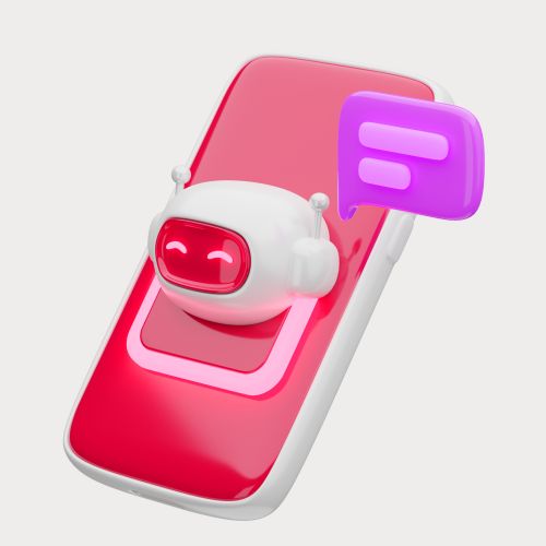 3D render: a pink phone with the robot and a purple chat bubble