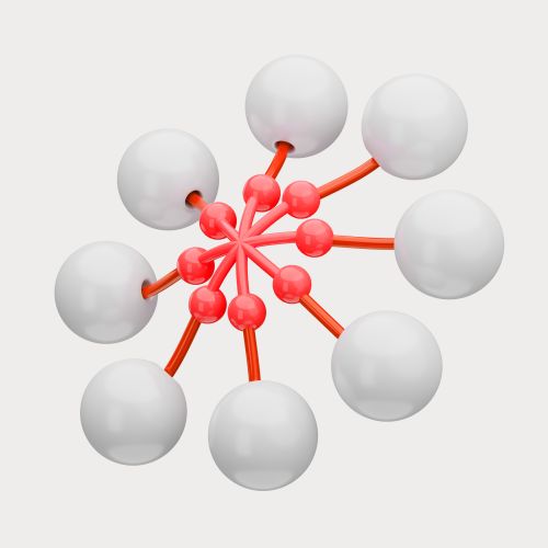 3D render: white spheres around a red node cluster
