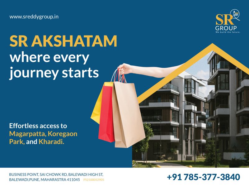 Hoarding: SR Akshatam, where every journey starts, with shopping bags and a yellow sweep