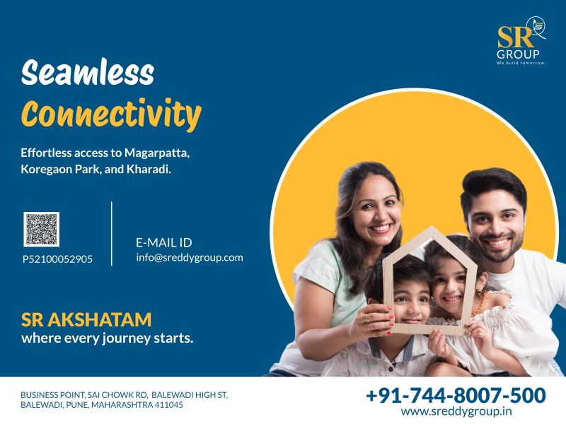 Hoarding: a family framed in a yellow circle, Seamless connectivity, SR Akshatam where every journey starts